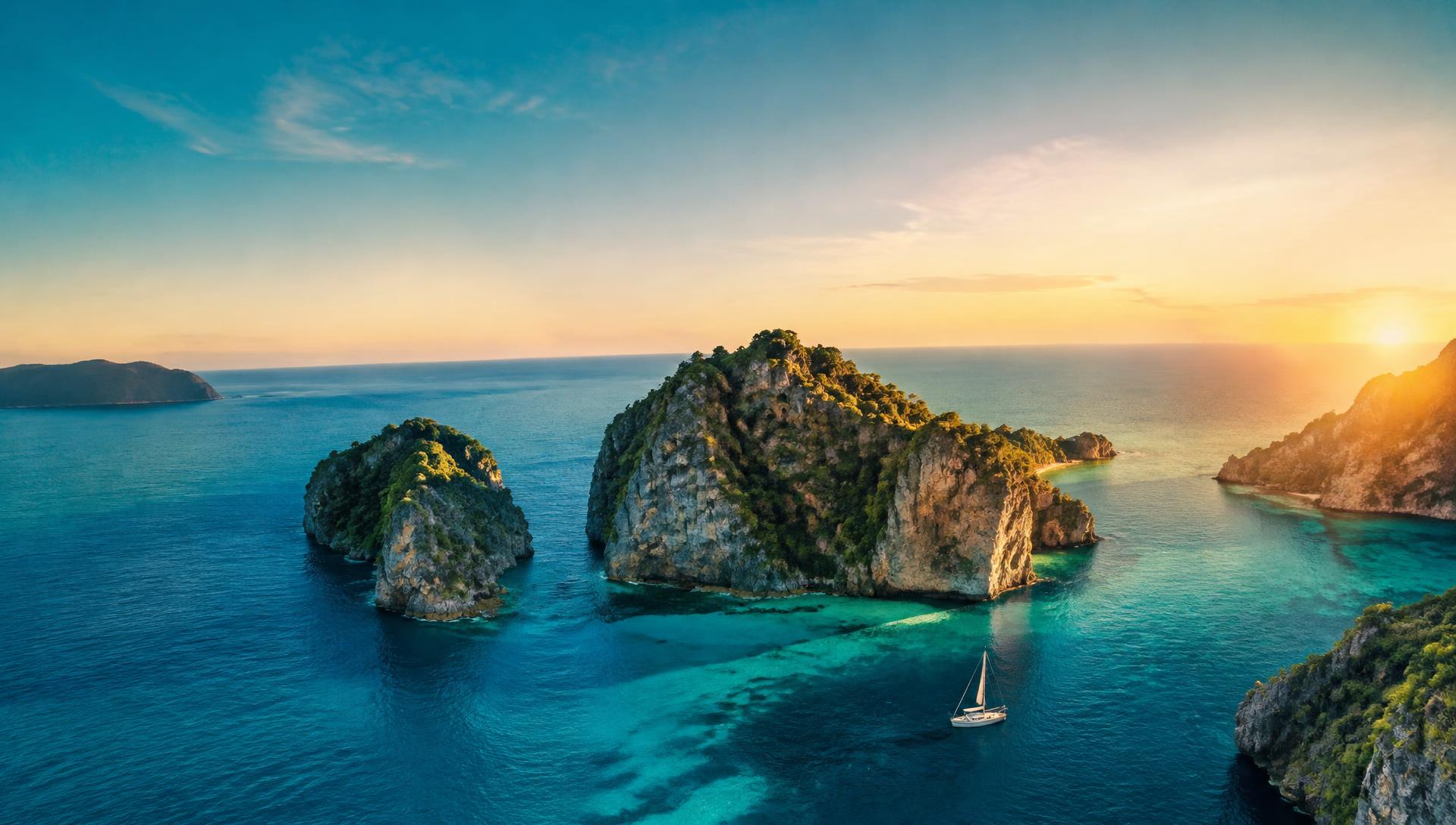 Turquoise lagoon and cliffs at sunset